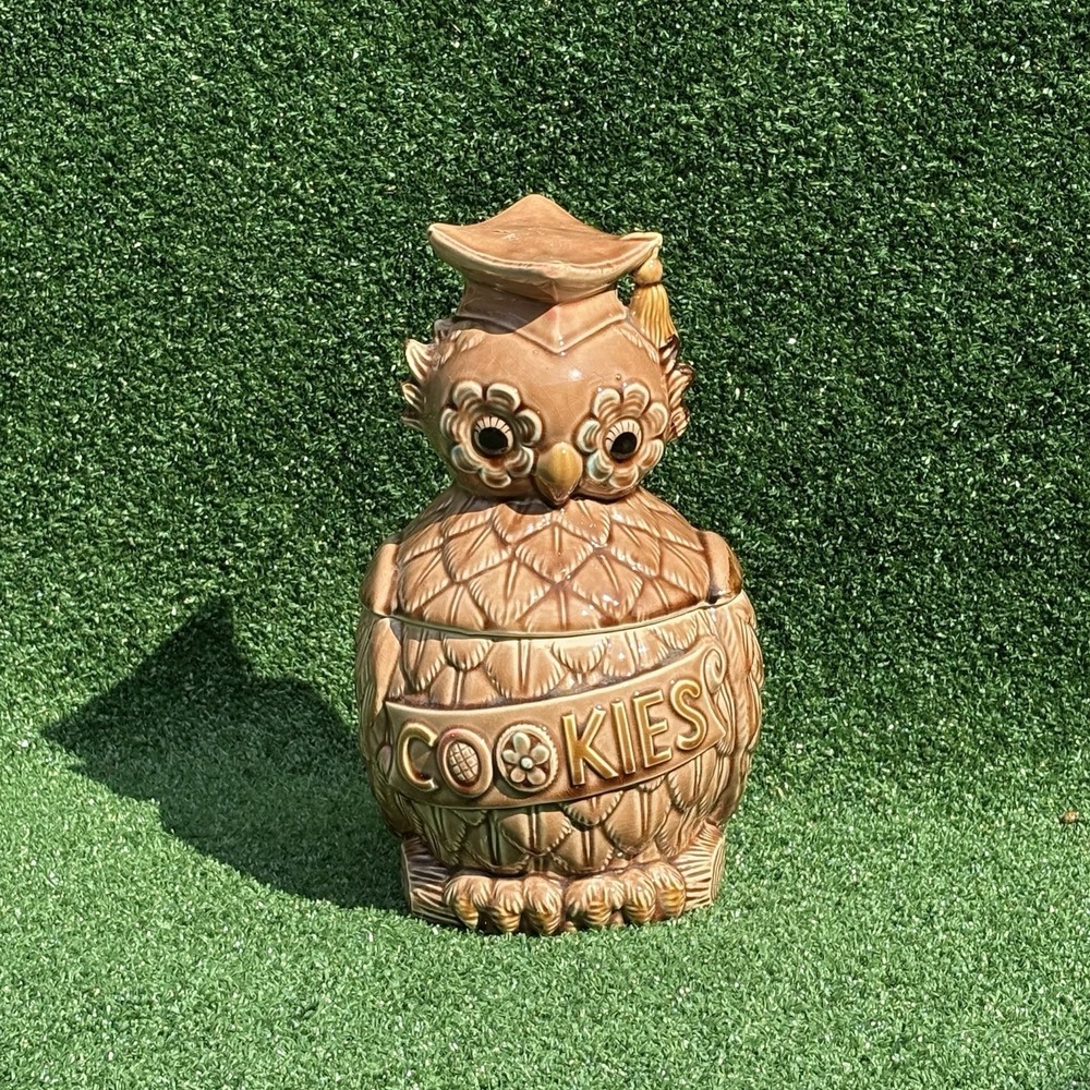 Vintage 1970s Royal Sealy Owl Cookie Jar Wise Scholar Graduation Cap Japan